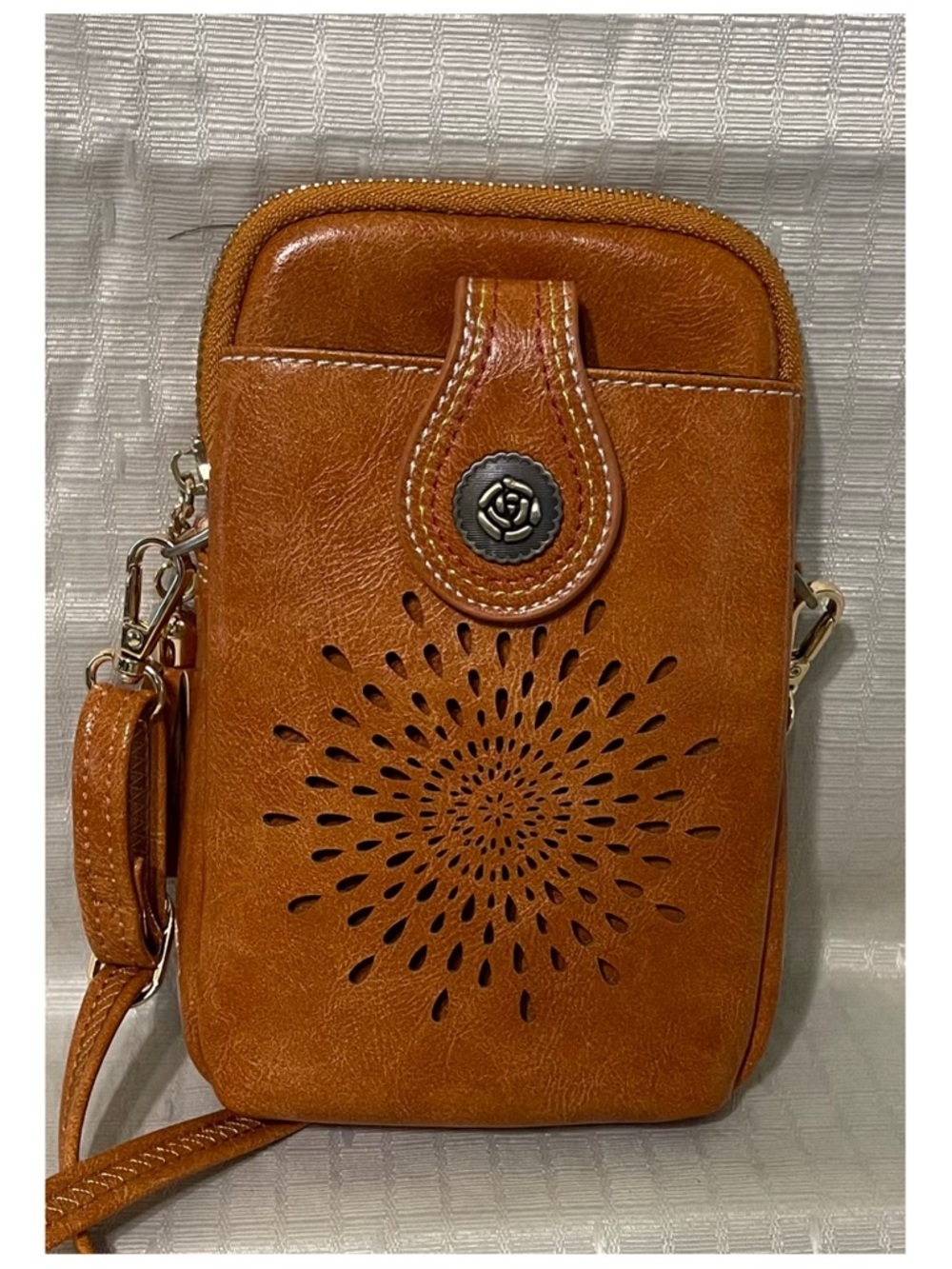 Women’s Vegan Crossbody Phone Bag in Cognac Brown 44 Inch Strap